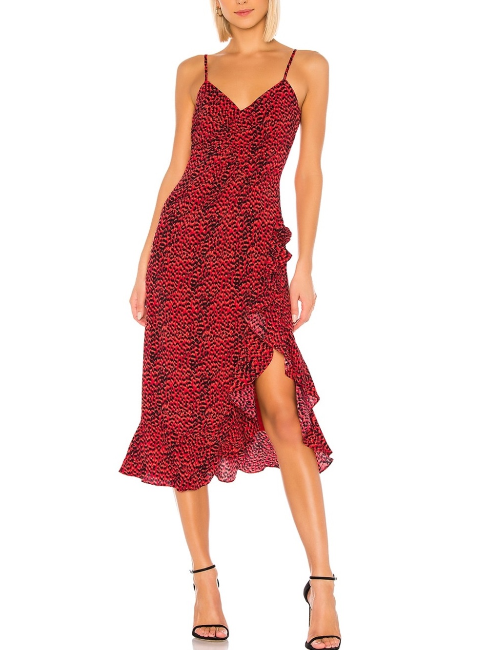 Bardot Lexie Red Leopard Ruffle Midi Dress with Side Slit